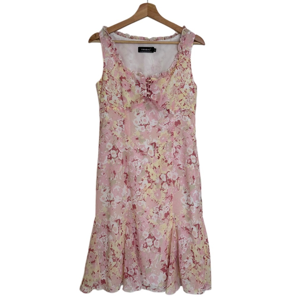 Vintage Tribal Pink and Yellow Floral Midi Dress